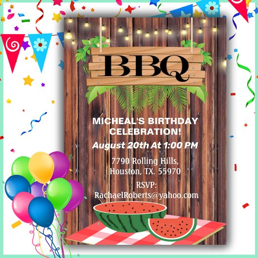 Rustic, Barn Wood, Stringlights, BBQ Birthday Inv Kaart