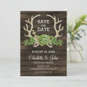 Rustic Barn Wood Succulent Antlers sparen de Datum Aankondiging (Staand voorkant)