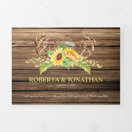 Rustic Barn Wood Sunflower Antlers Weddenschap Drieluik Uitnodiging (Cover)