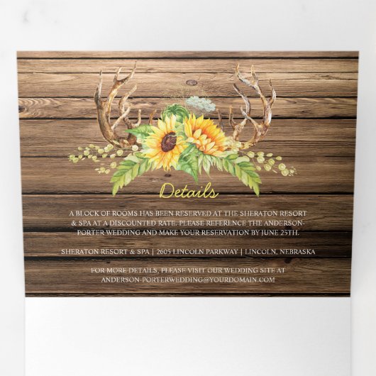 Rustic Barn Wood Sunflower Antlers Weddenschap Drieluik Uitnodiging (Binnenzijde eerst)