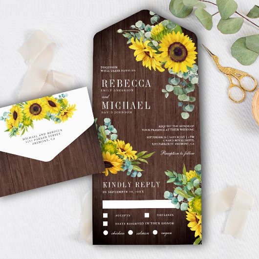Rustic Barn Wood Sunflower en Eucalyptus Wedding All In One Uitnodiging