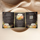 Rustic Barn Wood Sunflower Pumpkin QR Code Weddens Drieluik Uitnodiging
