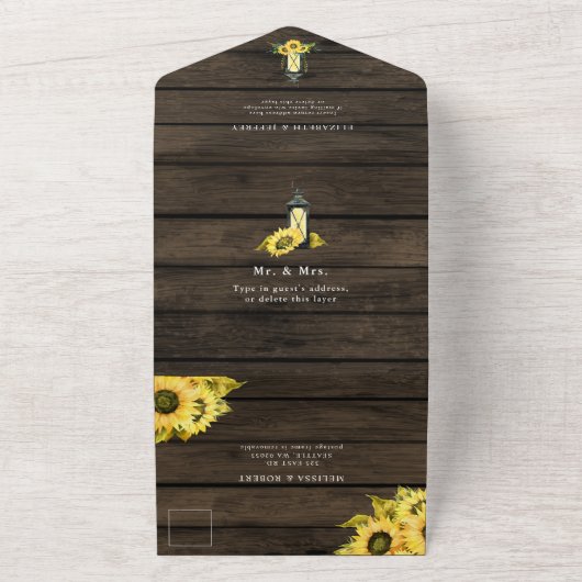 Rustic Barn Wood Sunflower Wedding All In One Uitnodiging (Buitenkant)