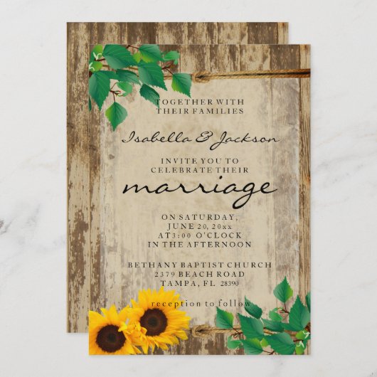 Rustic Barn Wood Sunflower Wedding Kaart (Voorkant / Achterkant)
