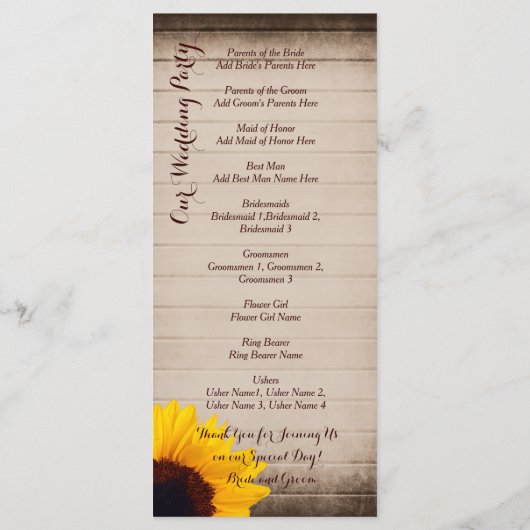 Rustic Barn Wood Sunflower Wedding Programma (Achterkant)