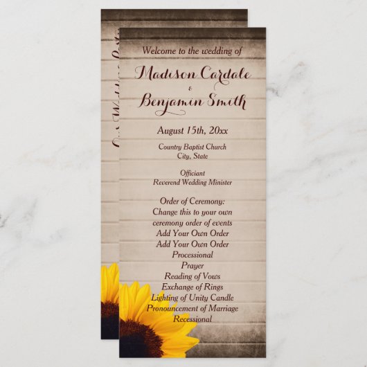 Rustic Barn Wood Sunflower Wedding Programma (Voorkant / Achterkant)
