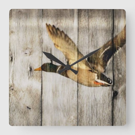 Rustic Barn wood Western Land dat Wilde Duck vlieg Vierkante Klok (Voorkant)