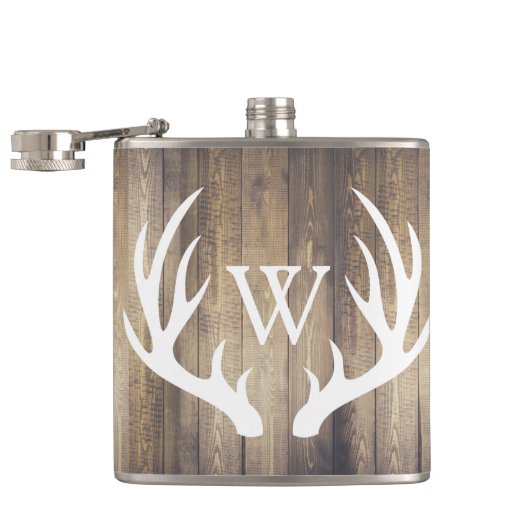 Rustic Barn Wood & White Deer Antlers Heupfles (Geopend)