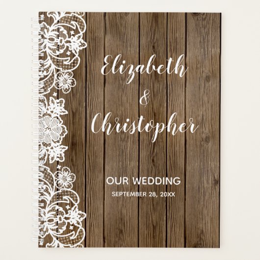 Rustic Barn Wood White Lace Calligraphy Wedding Planner (Voorkant)