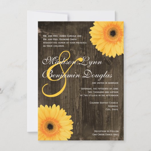 Rustic Barn Wood Yellow Daisy Wedding Invitation Kaart (Voorkant)
