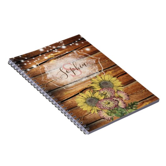 Rustic Barn Wood Zonnebloem Monogram Notitieboek (Rechterzijde)