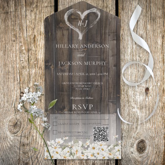 Rustic Barnwood & Daisies QR Code All In One Uitnodiging
