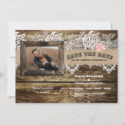 Rustic Barnwood & Lace Bewaar de datum Kaart (Voorkant)