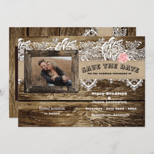 Rustic Barnwood & Lace Bewaar de datum Kaart (Voorkant / Achterkant)