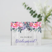 Rustic Barnwood PInk Floral Bridesmaid Voorstel Kaart (Staand voorkant)