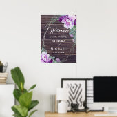 Rustic Barnwood Silver en Paarse Floral Wedding Poster (Thuiskantoor)