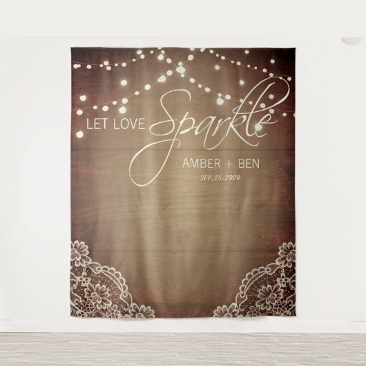 Rustic Barnwood String Lights Lace Custom Wedding Wandkleed (Voorkant)