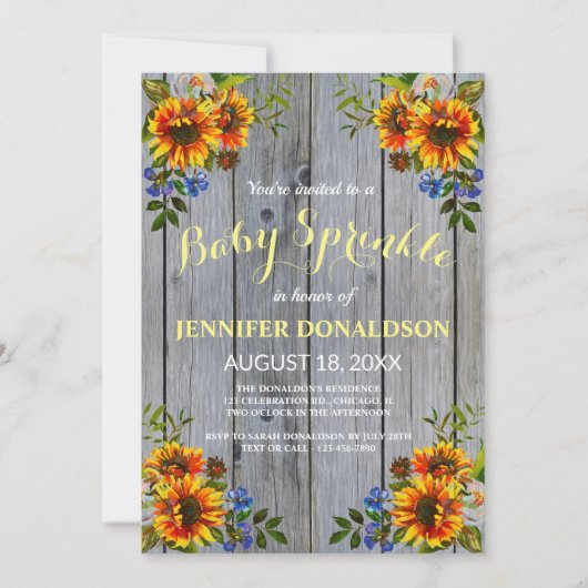 Rustic Barnwood Sunflower Baby Sprinkle Invitation Kaart (Voorkant)