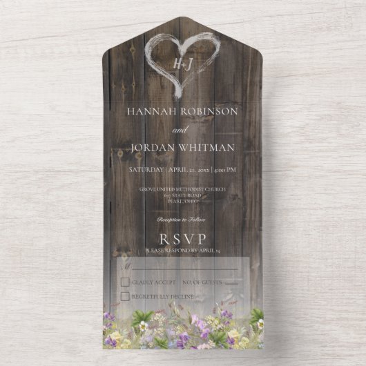 Rustic Barnwood & Wildflower No Dinner All In One Uitnodiging (Binnen)