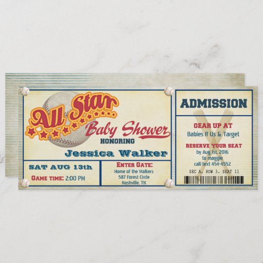 Rustic Baseball Ticket Baby shower Kaart (Voorkant / Achterkant)