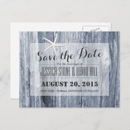 Rustic Beach Driftwood & Starfish Bewaar de datum Aankondigingskaart (Voorkant / Achterkant)