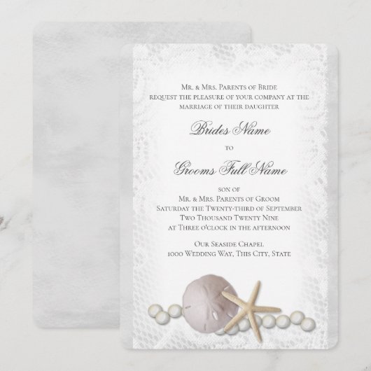 Rustic Beach Lace et Pearl Invitation (Devant / Derrière)