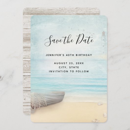 Rustic Beach Scene met Boat & Lighthouse Save The Date (Voorkant / Achterkant)
