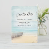 Rustic Beach Scene met Boat & Lighthouse Save The Date (Staand voorkant)