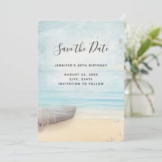 Rustic Beach Scene met Boat & Lighthouse Save The Date (Staand voorkant)