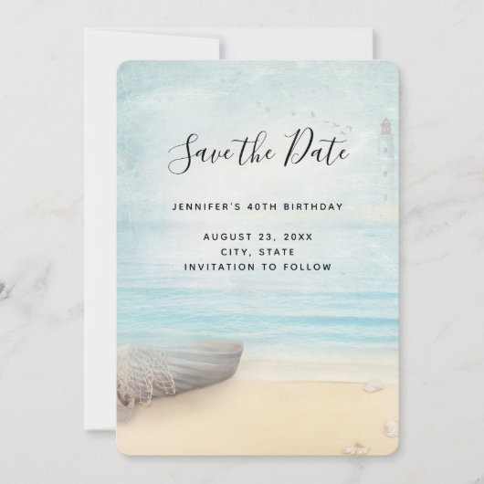 Rustic Beach Scene met Boat & Lighthouse Save The Date (Voorkant)