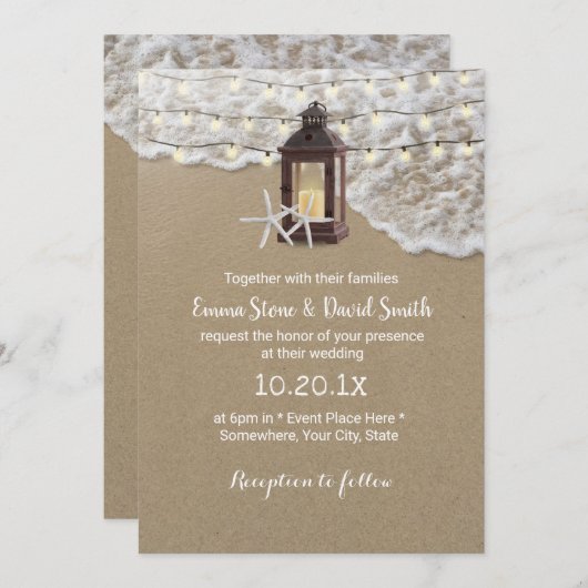 Rustic Beach Starfish Lantern Light Wedding Kaart (Voorkant / Achterkant)