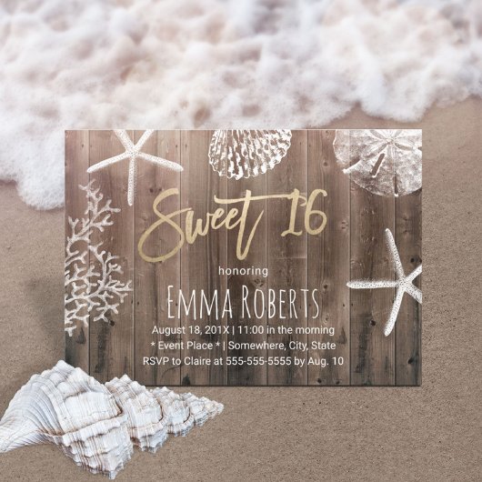 Rustic Beach Sweet 16 Starfish Seashells Birthday Kaart