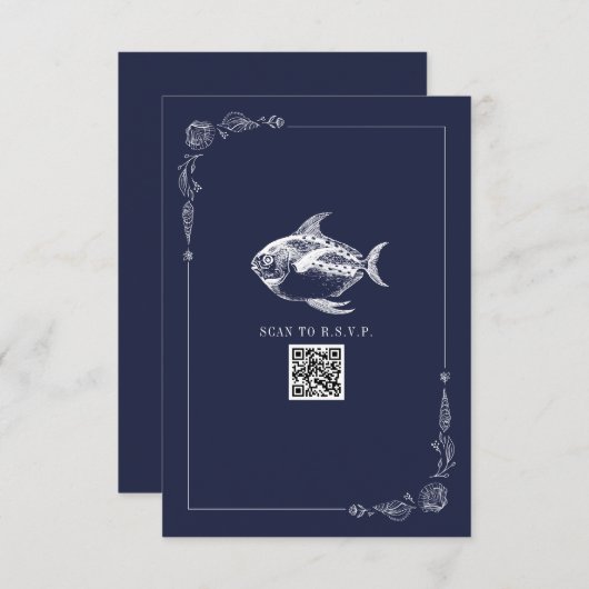 Rustic Beach Wedding Poisson bleu foncé RSVP (Devant / Derrière)