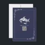 Rustic Beach Wedding Poisson bleu foncé RSVP<br><div class="desc">Mariage RSVP avec illustration de poisson rustique avec bordure de coquillages botaniques. L'Arrière - plan est bleu marine. Personnalisez le texte et le code QR.</div>