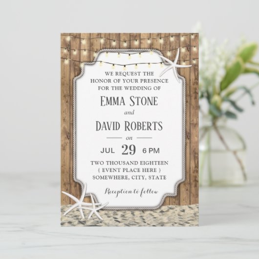 Rustic Beach Wedding Starfish & String Lights Kaart (Staand voorkant)