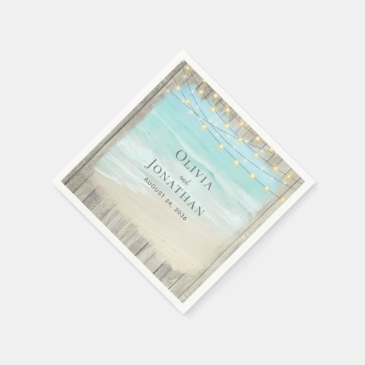 Rustic Beach Wood String Lights Waves Weddenschap Servet (Hoek)