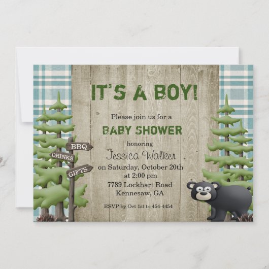 Rustic Bear Baby shower Invitation Garçon (Devant)