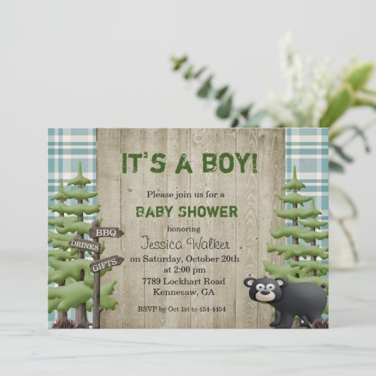 Rustic Bear Baby shower Invitation Garçon (Debout devant)