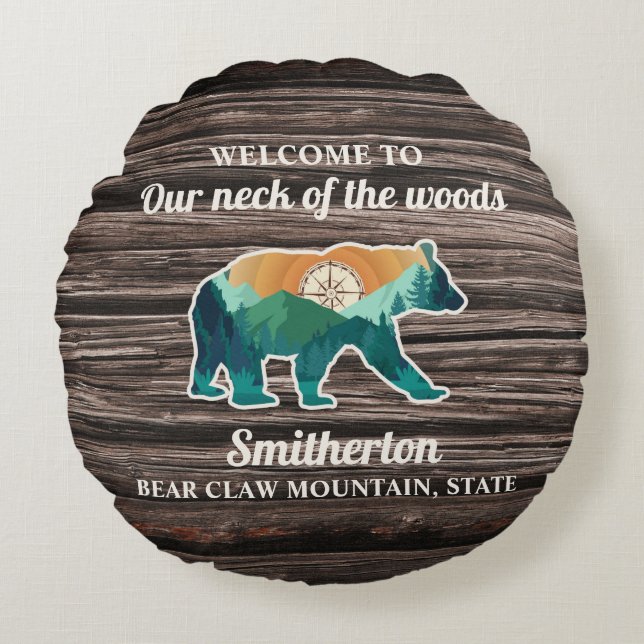 Rustic Beer Mountains Compass Family Name Welkom Rond Kussen (Voorkant)
