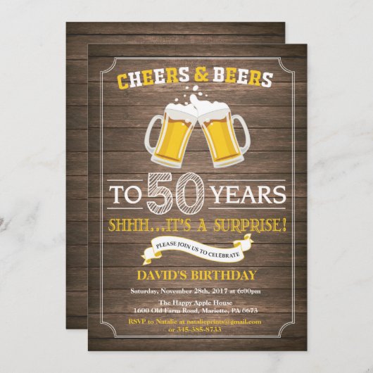Rustic Beer Surprise Invitation 50e anniversaire (Devant / Derrière)