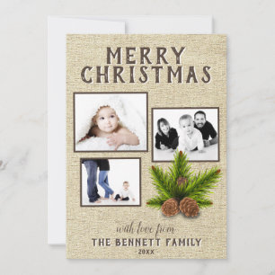 Rustic Beige Dennene Takken 3 Foto Kerstkaart Kaart