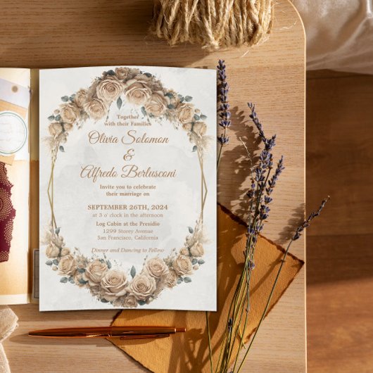  Rustic Beige Golden Roos Wedding Kaart