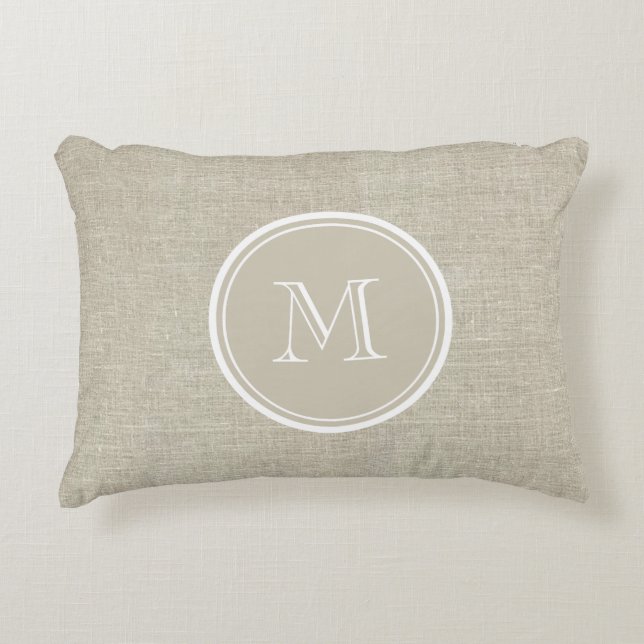 Rustic Beige Linen Background Monogram Decoratief Kussen (Voorkant)