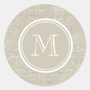 Rustic Beige Linen Background Monogram Ronde Sticker