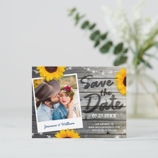 Rustic Bewaar de Datum Uitnodigingen | Zonnebloemh (Staand voorkant)