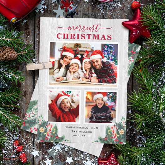 Rustic Birch Mistletoe Merriest Kerstmis 3 Foto Feestdagenkaart