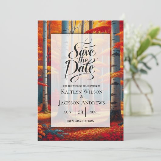 Rustic Birch Tree Fall Wedding Save The Date (Staand voorkant)