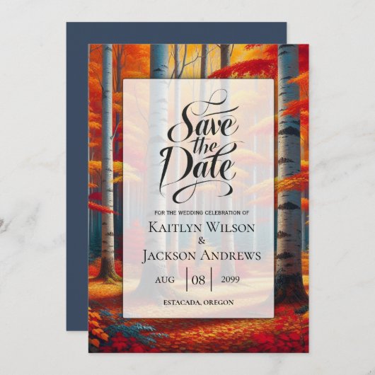 Rustic Birch Tree Fall Wedding Save The Date (Voorkant / Achterkant)
