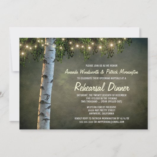 Rustic Birch Tree Rehearsal Dinner Invitations Kaart (Voorkant)
