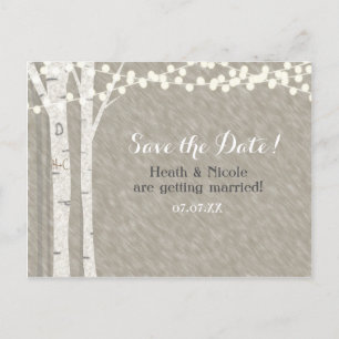 Rustic Birch Tree String Lights Save Date Wedding Aankondigingskaart